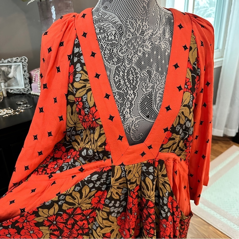 Free People Tallula Poppy Orange Deep-V Mixed Floral Boho Dress Size S - Picture 4 of 16